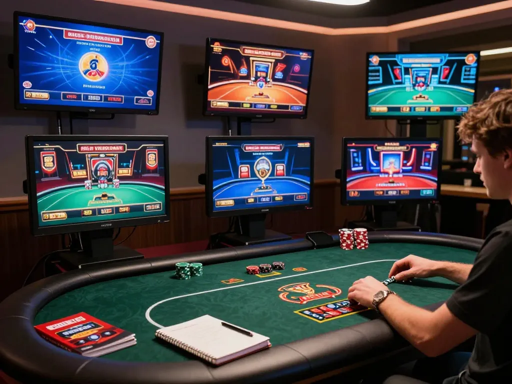 Engaging online gaming setup with okfunb featuring poker and slots, showcasing strategic gameplay.