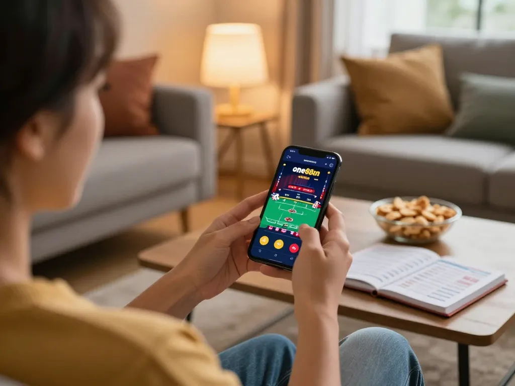 Player enjoying the one88on mobile app for live poker in a cozy home setting with snacks and strategy notes.