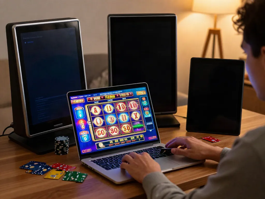 Player enjoying online credit card casinos on laptop in a vibrant home setting