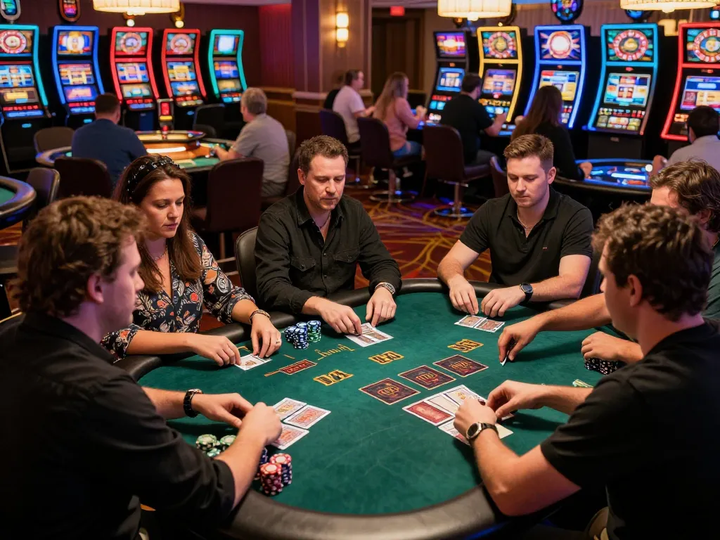 Players engaging in strategic blackjack gameplay at 78WIN's vibrant casino floor.