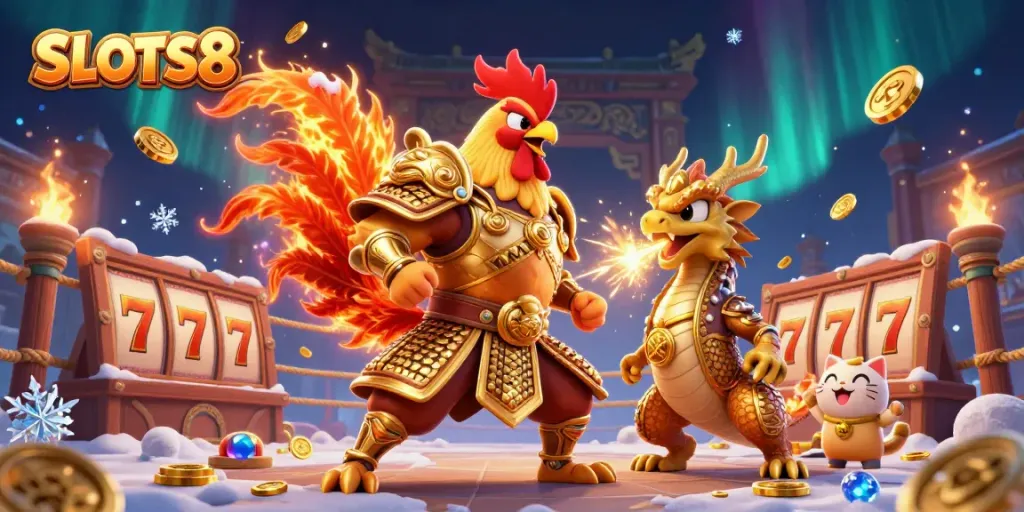 Experience the thrilling dynamic of SLOTS8 with a fierce warrior and dragon in a vibrant casino arena.