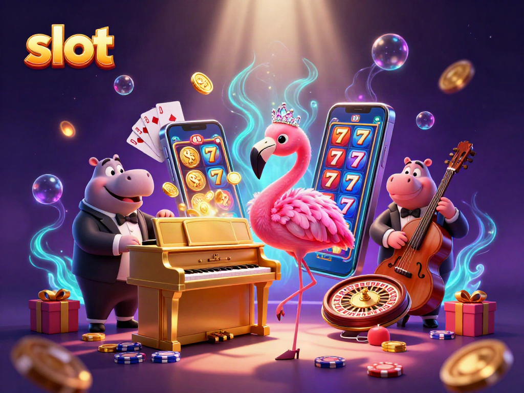 Engage in thrilling slot gameplay with colorful 3D elements, featuring dynamic casino characters.