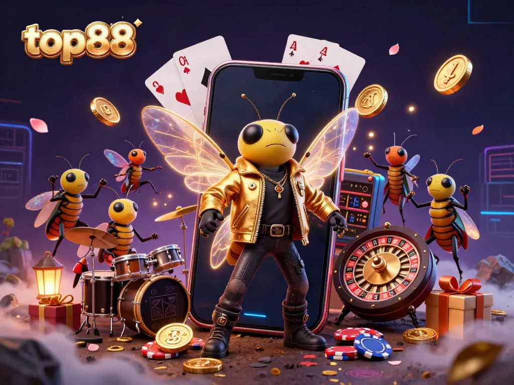 Experience winning gameplay with top88 through vivid slot scenes and a lively rock star band.