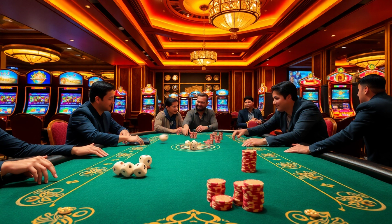 Engaged players at the KP88 poker table with vibrant casino visuals enhancing excitement.