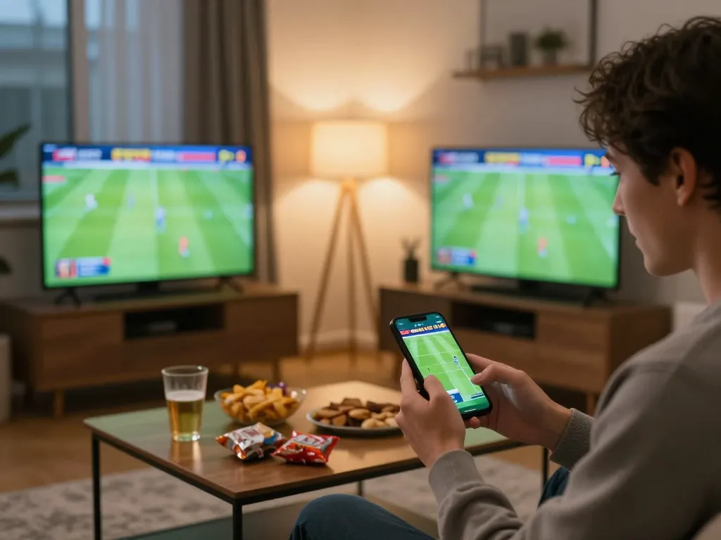 Xoilac user placing live sports bets with smartphone in a cozy home setting