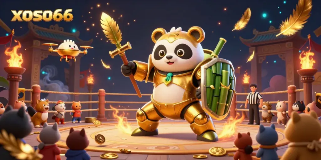 Engage with exhilarating xoso66 game action as a golden panda pilots a fighting robot in a vibrant arena.