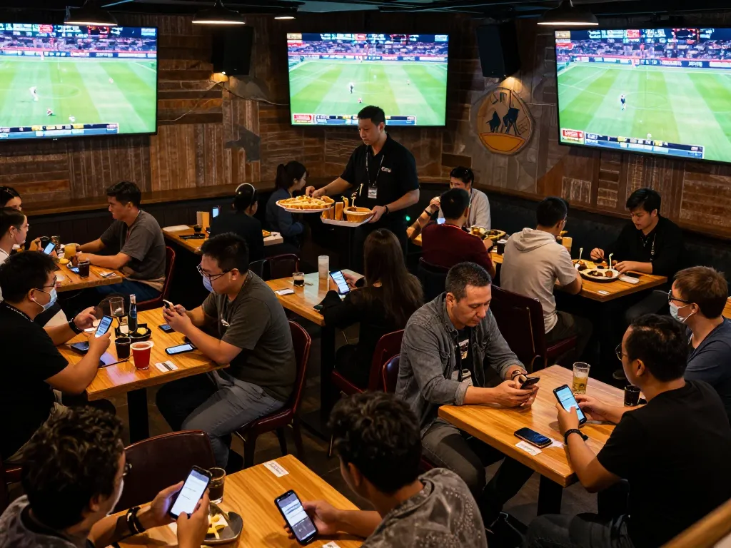 Fans analyzing kèo nhà cái odds while watching live sports at a lively sports bar.