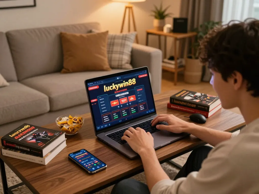 Person enjoying online gambling experience with luckywin88 on laptop in cozy living room.