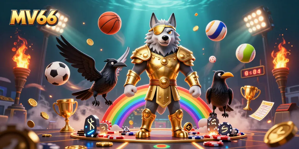 Experience MV66’s immersive gaming world with a 3D illustration of Odin and ravens across casino elements.