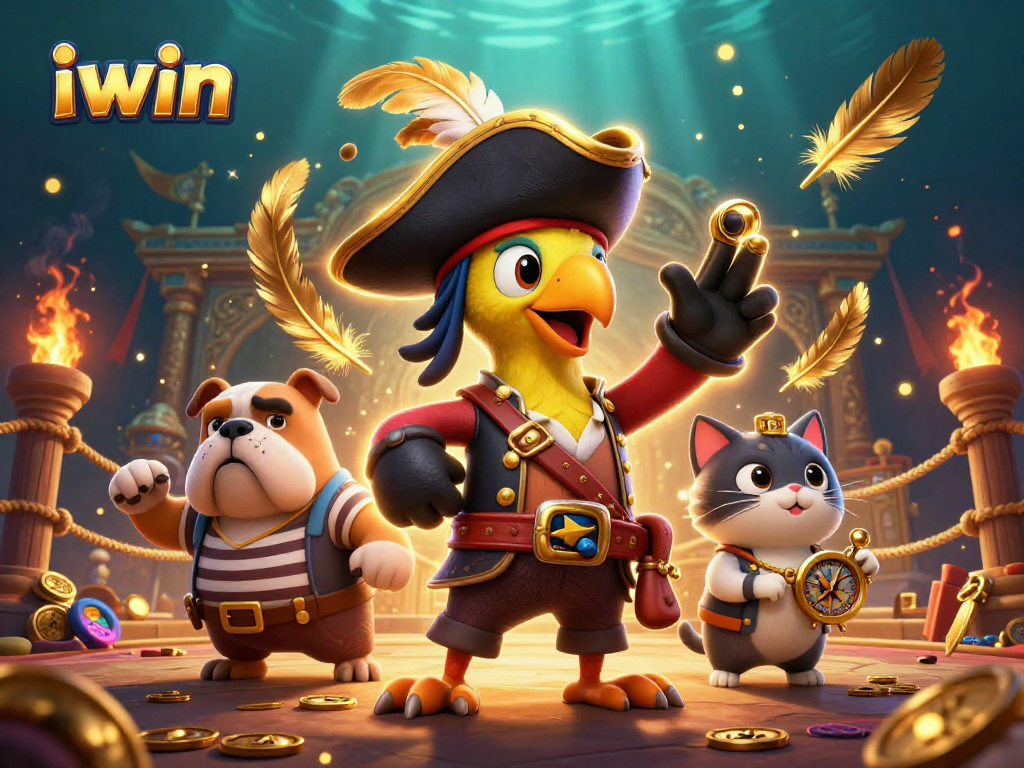 Engage with iwin as the pirate captain leads a thrilling casino adventure amidst golden coins and vibrant gaming elements.