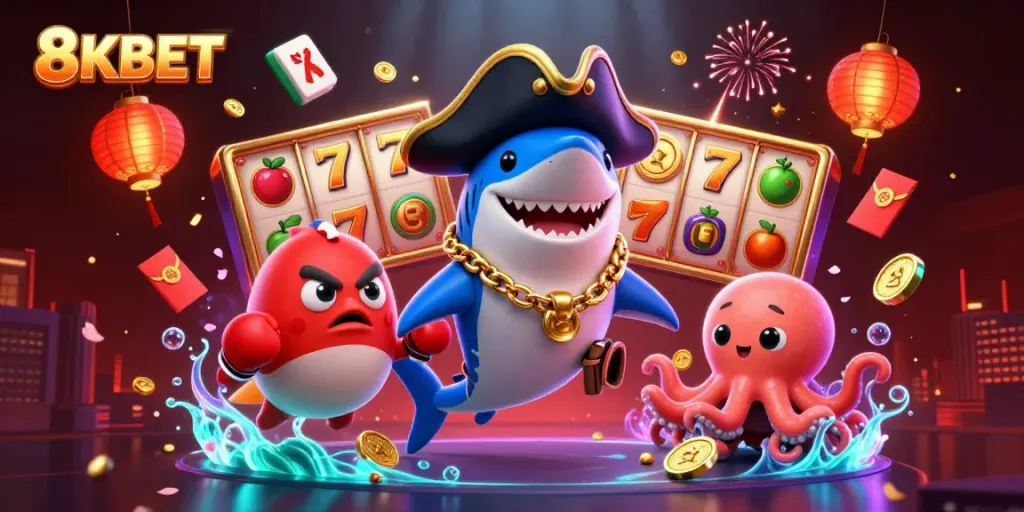 Gameplay thú vị tại 8KBET với cá mập cướp biển và bạch tuộc biểu trưng.