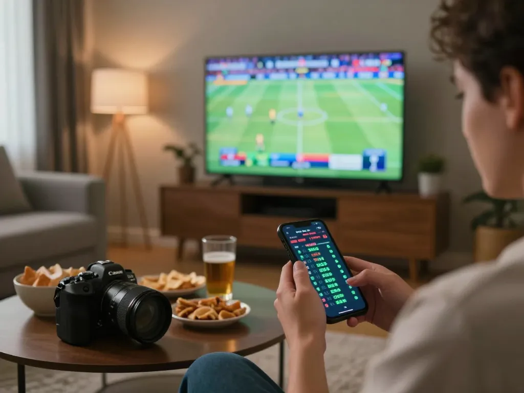 12bet user placing bets on smartphone in a cozy home setup with sports games on TV