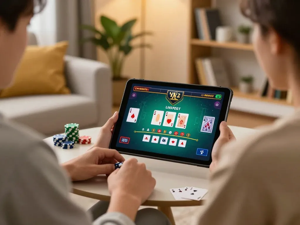 Engaging in online blackjack at bl555 com with a stylish tablet setup, cozy home environment, and dynamic gameplay.