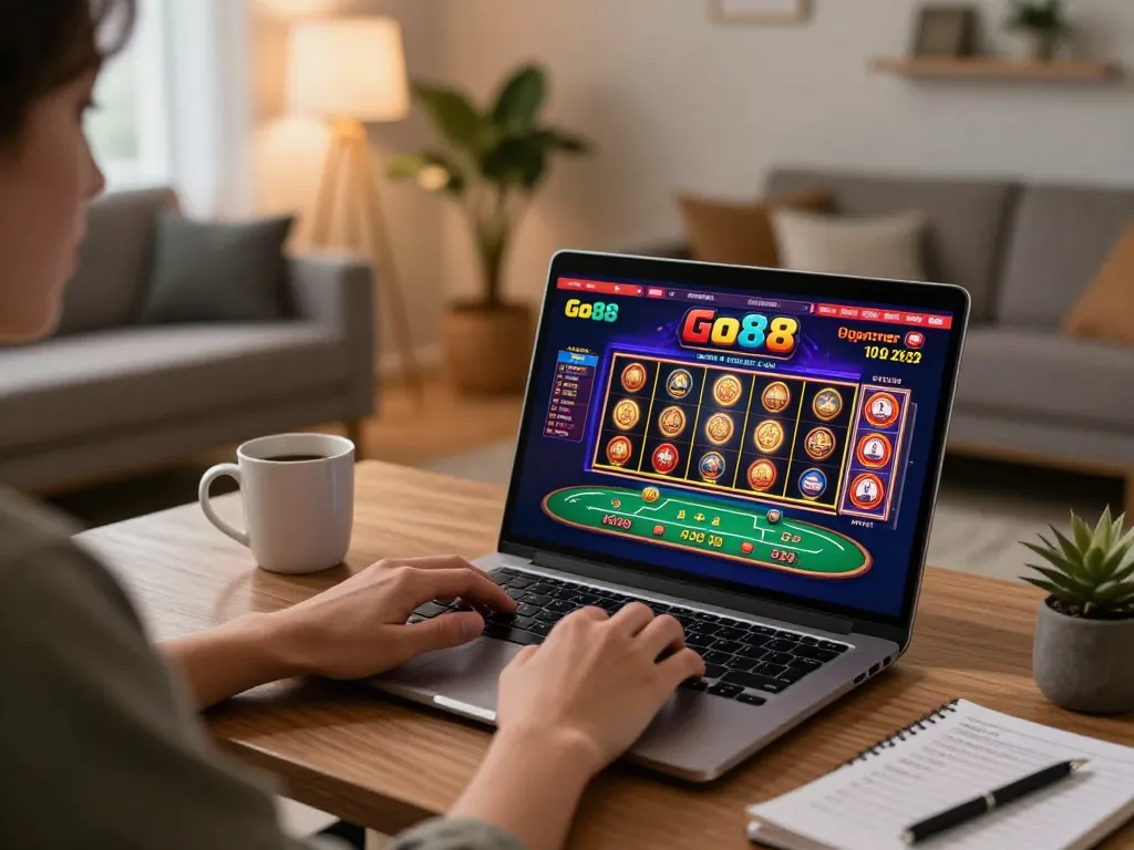 Engaging Go88 online casino experience with a player using a laptop in a cozy living room setting.