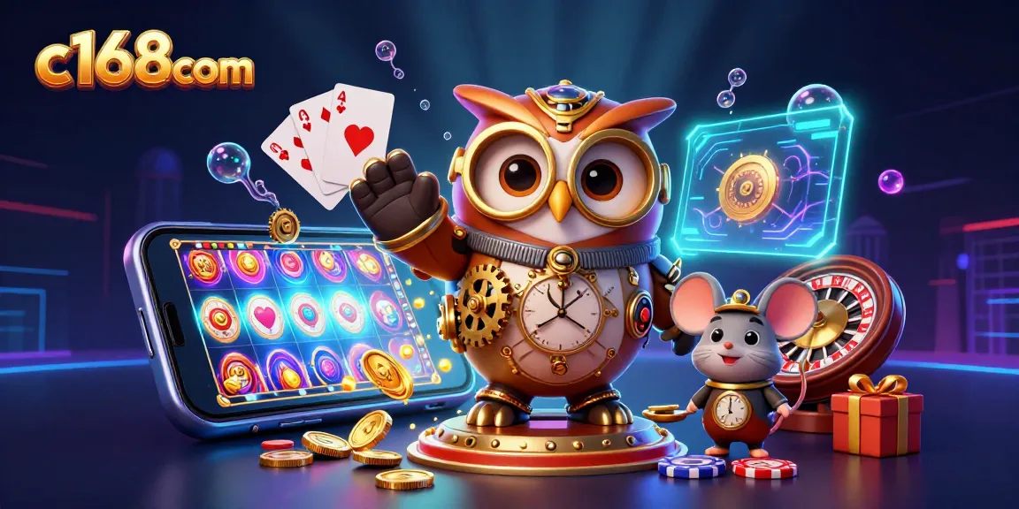 Experience the excitement of winning at c168com with a vibrant 3D illustration showcasing dynamic casino elements.