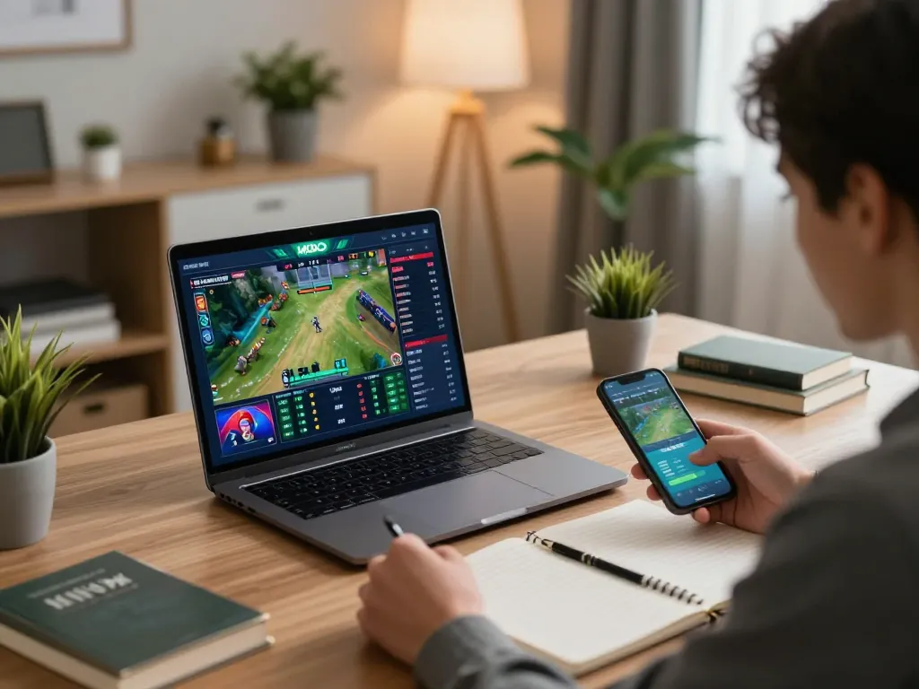 Person utilizing MMOO for sports betting at a modern home office setup, showcasing gaming strategy and excitement.