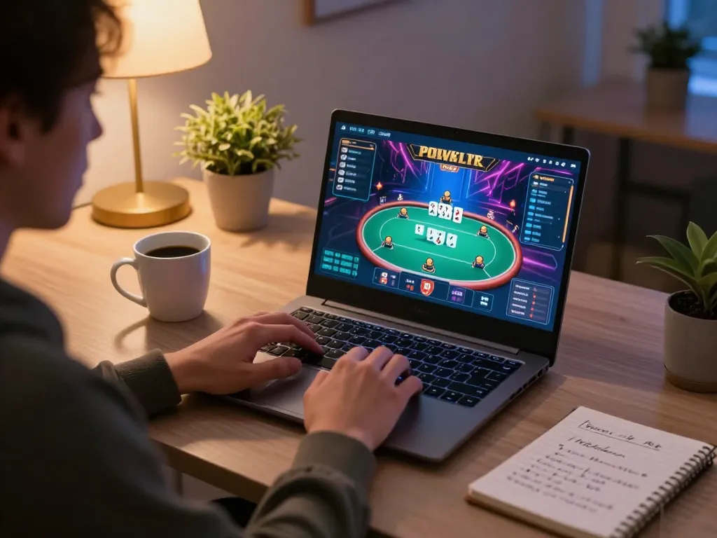 Playing poker using iwin gaming platform on a laptop at home, demonstrating responsible entertainment.