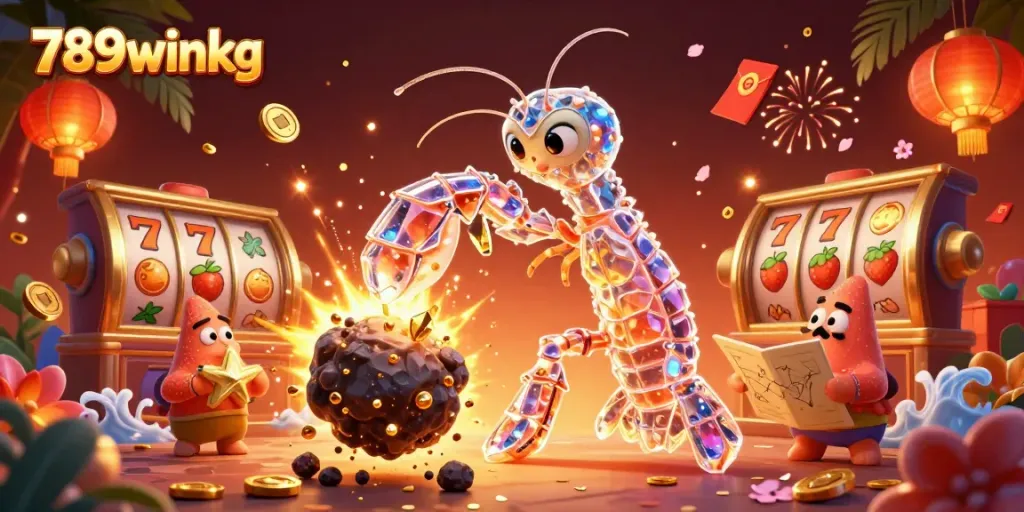 Experience the thrill of 789winkg with a galactic samurai mantis shrimp surrounded by riches and vibrant casino elements.