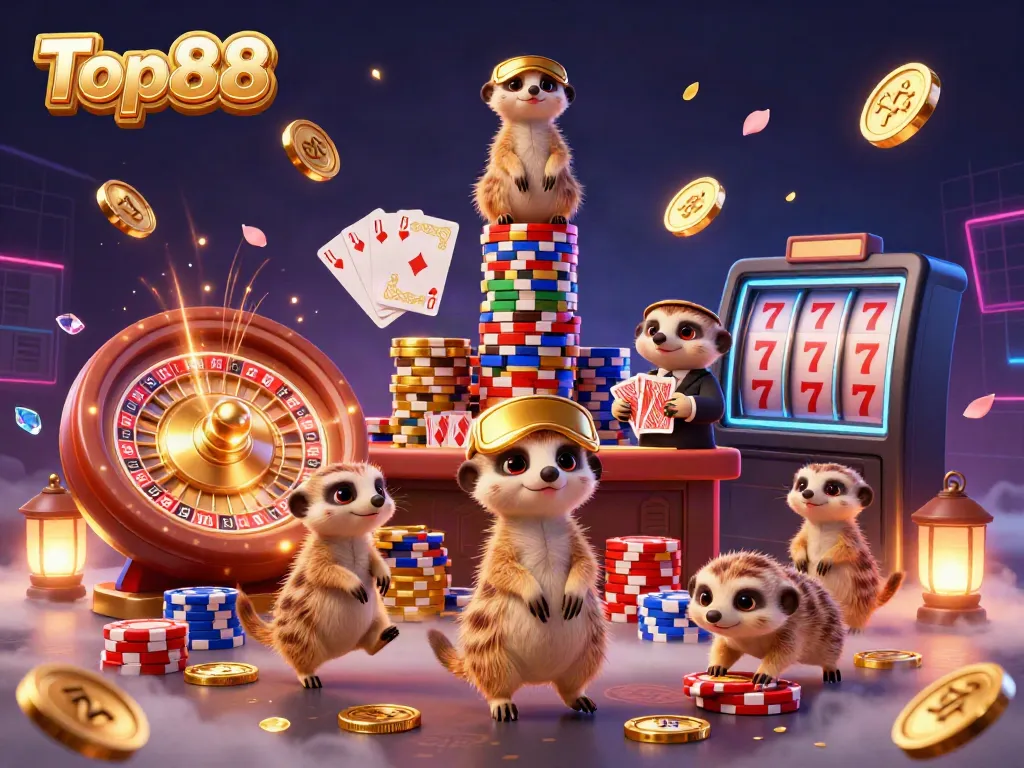 Engage with Top88's lively casino scene featuring meerkats and vibrant game elements.