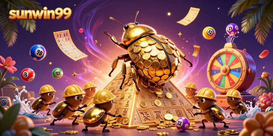 Experience thrilling fun at sunwin99 with a lush 3D illustration showcasing gold coins and prizes bursting from a pyramid.