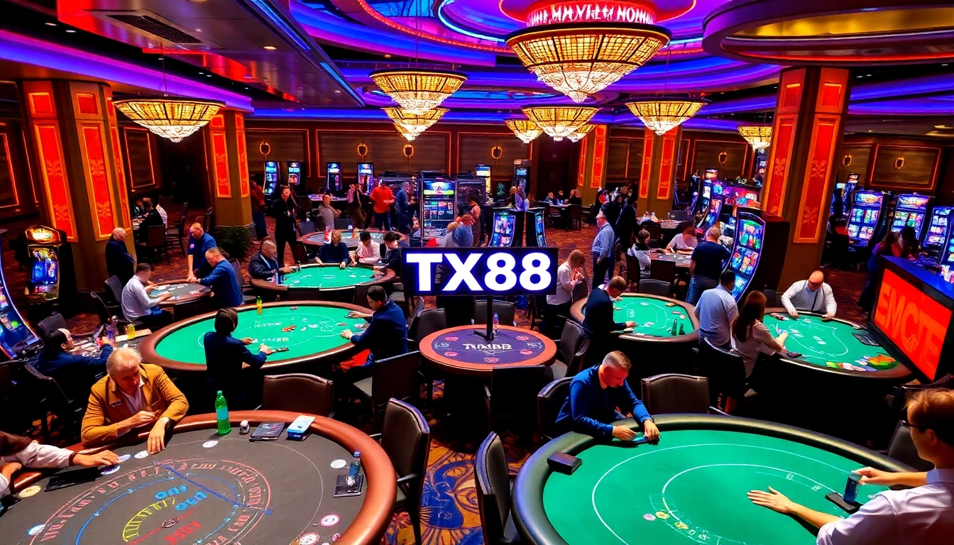 Players strategizing at a poker table amidst the vibrant atmosphere of luxury casinos featuring TX88.