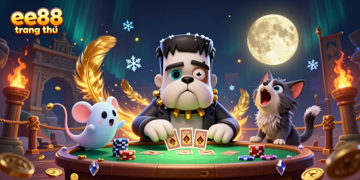 Join the excitement with ee88 trang chủ as the Frankenstein bulldog deals cards amidst ghostly chips.