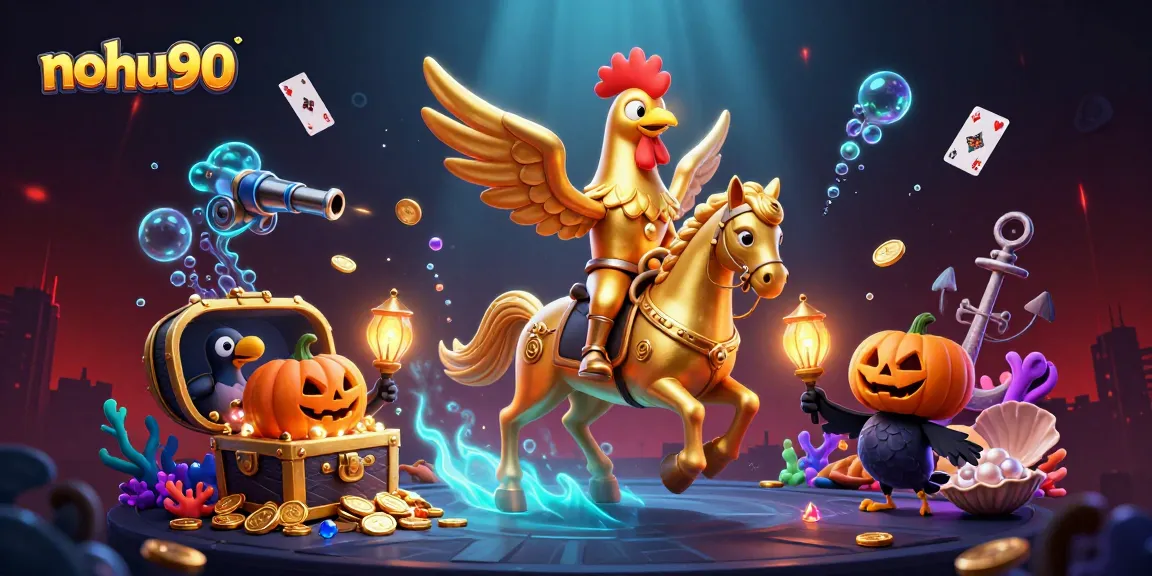Nohu90 illuminates a vibrant casino scene with a golden rooster and crow lanterns.