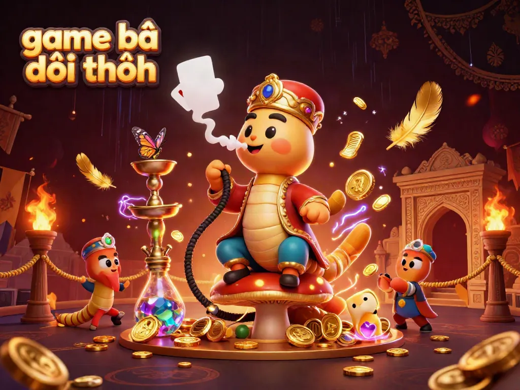 Win big with game bài đổi thưởng in vibrant 3D casino fantasy scene showcasing a hookah-master and poker symbols.
