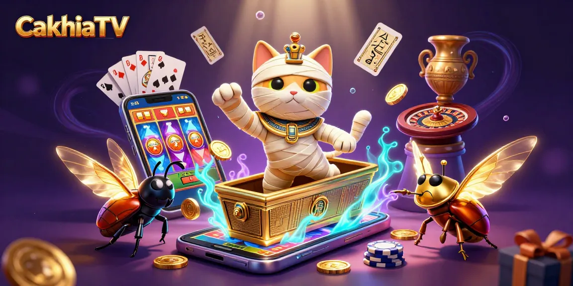 CakhiaTV features an Egyptian mummy cat bursting from a sarcophagus in a vibrant pyramid casino scene.