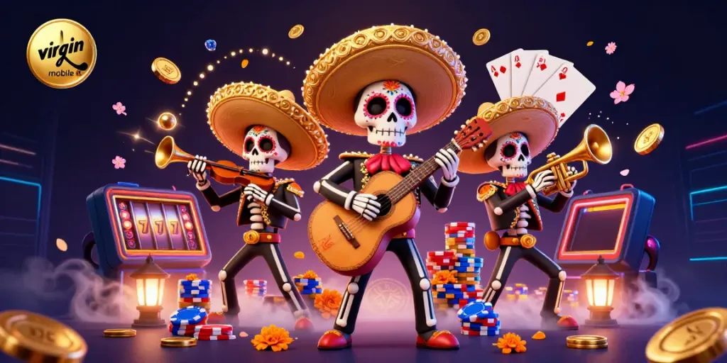 Experience thrilling gameplay with the vibrant virgin-mobile casino scene featuring a mariachi band and casino elements.