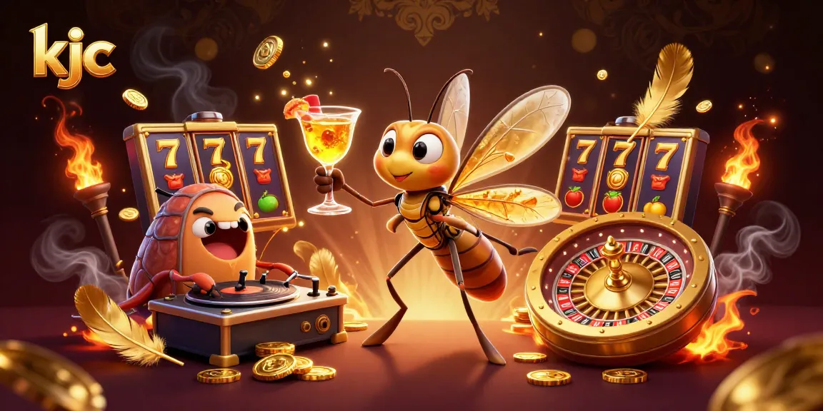 KJC casino features a lively 3D scene combining a frozen mosquito mascot, trilobite DJ, and golden roulette wheel