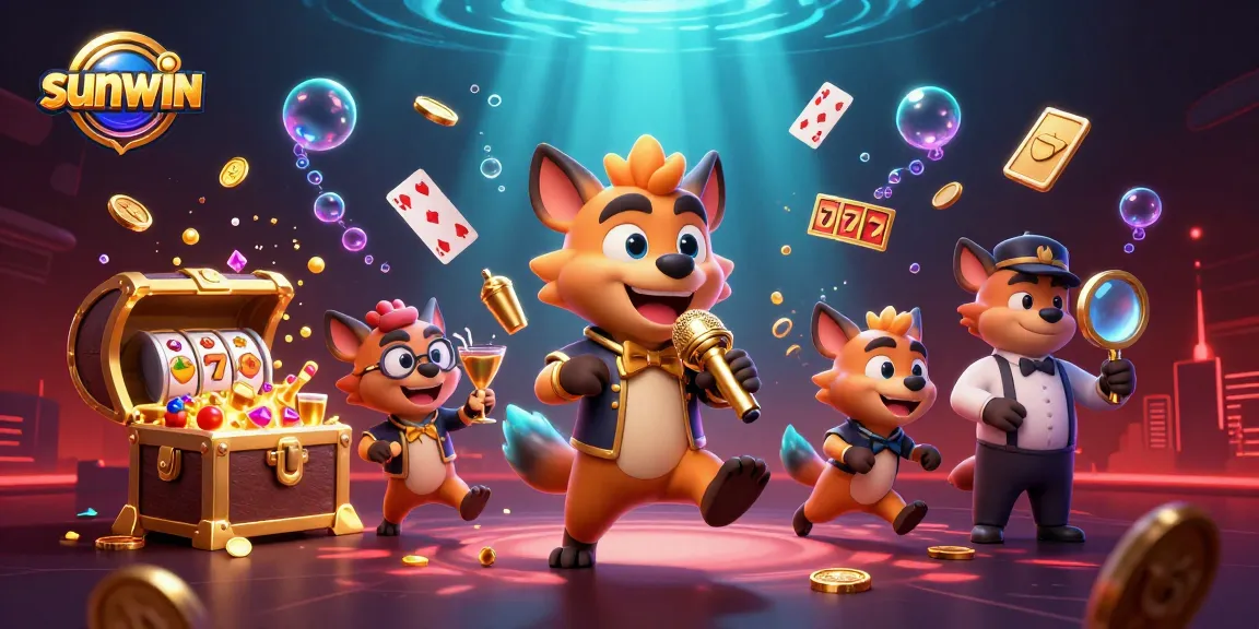 Engage with sunwin in this vibrant casino scene featuring hyenas enjoying slots, comedy, and fun.