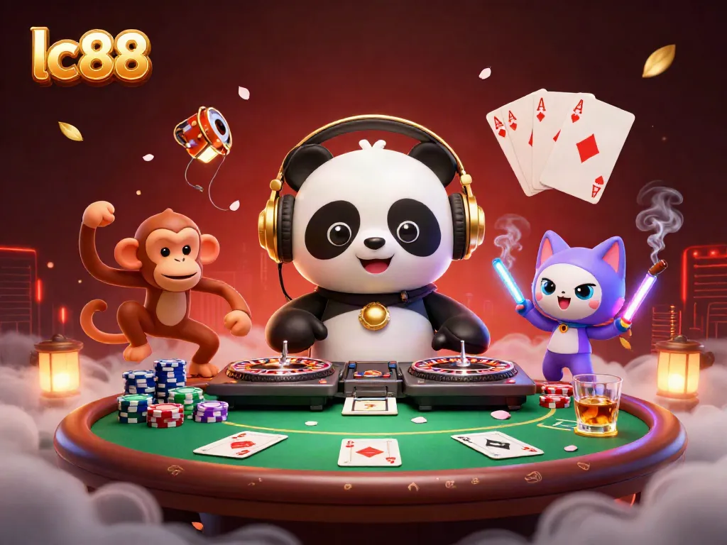 Experience thrills at lc88 with a vibrant digital casino scene featuring a DJ panda and lively characters.