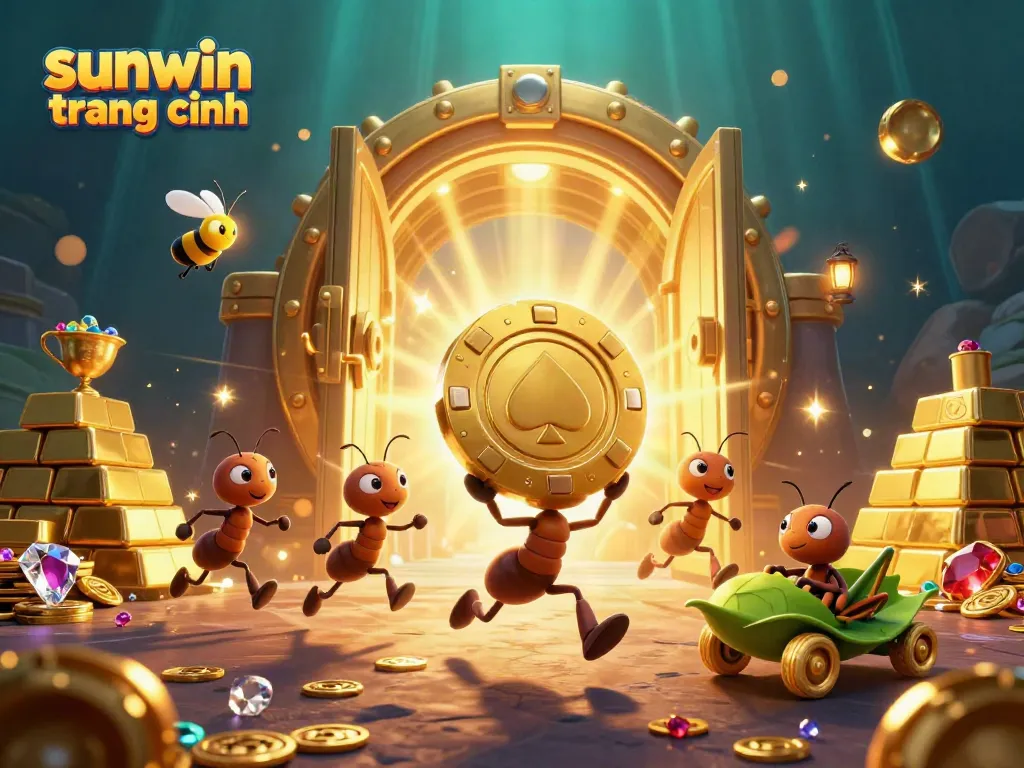Engage in thrilling gameplay at sunwin trang chính with an adventurous scene featuring a team of cartoon ants on a heist.
