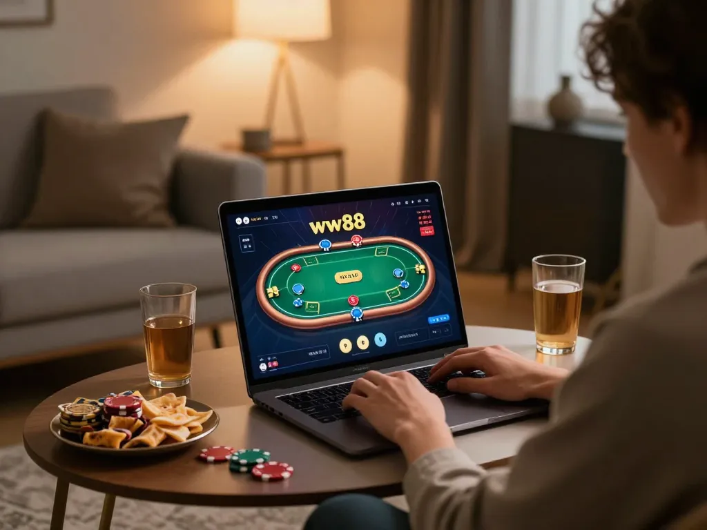 Experience thrilling poker gameplay on ww88 from the comfort of home, with engaging digital interface and cozy setup.