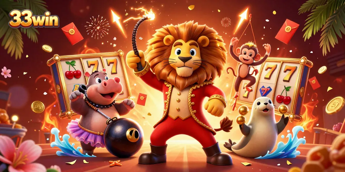 Engage with 33win in a vibrant casino scene featuring lively characters and slot elements.
