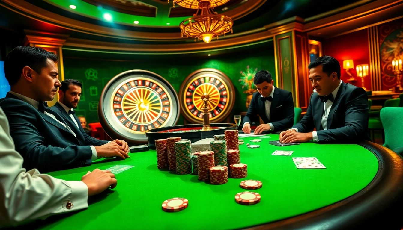 Engage in thrilling poker at https://f1686s.com/, surrounded by vibrant casino elements and players.