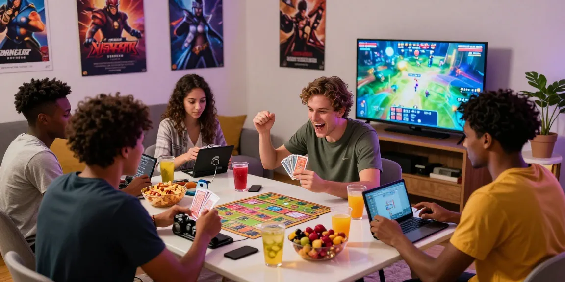 Gamer bersemangat saat bermain game online 68gb di ruang tamu yang nyaman dengan teman-teman.