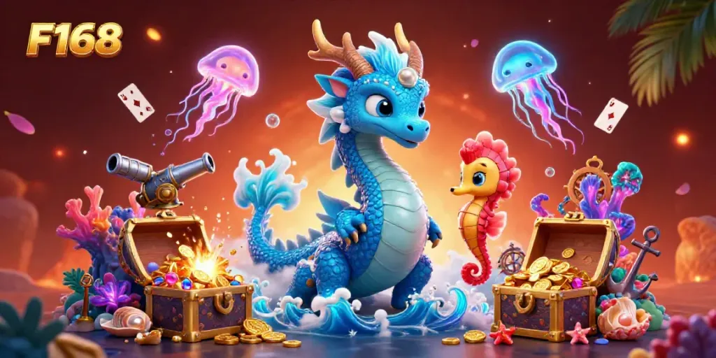 Experience F168 with a dynamic scene featuring majestic ocean characters and gambling-themed elements.