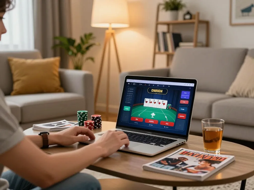 Person playing F168 poker online at home, showcasing a cozy gaming atmosphere.