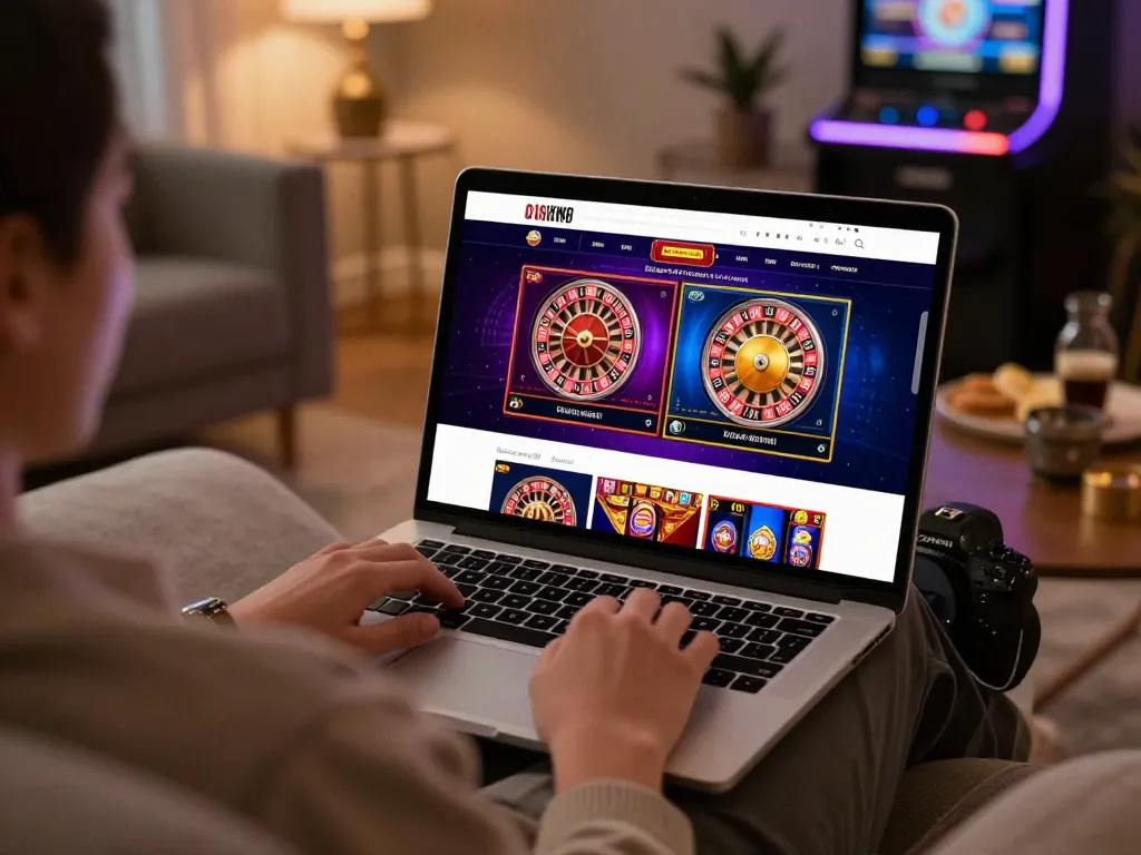 Engaging online gaming with jun88 through vibrant roulette and slot displays on a laptop.