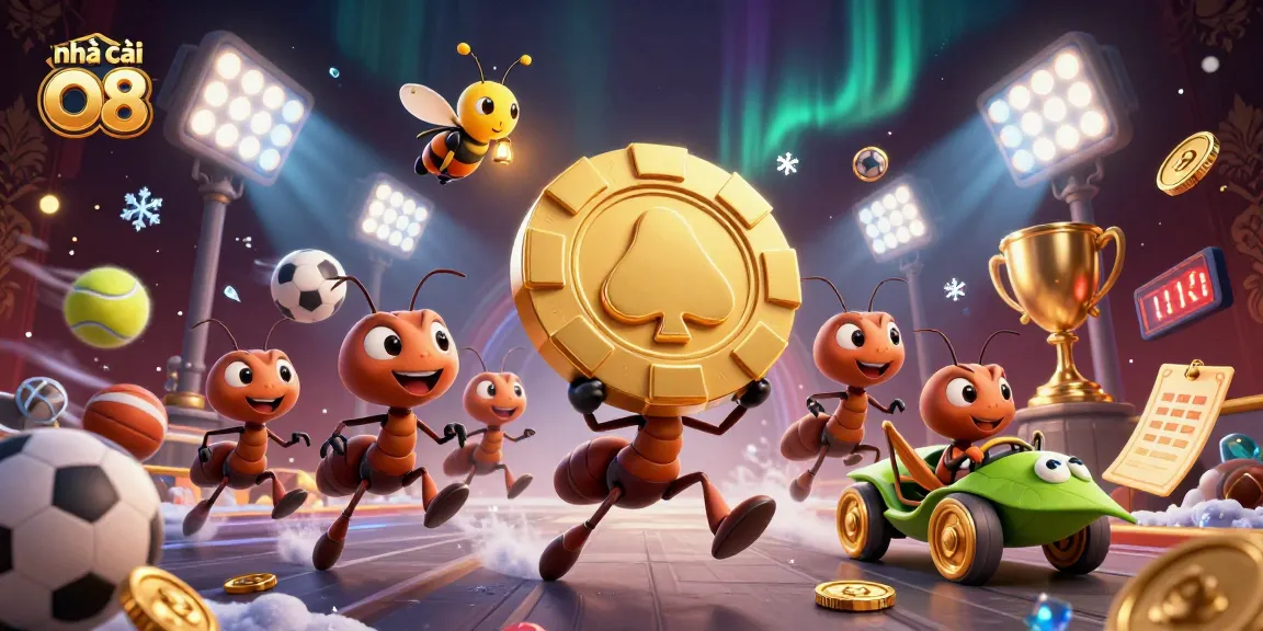 Experience the excitement at nhà cái O8 with vibrant casino elements featuring a heist by a team of ants.