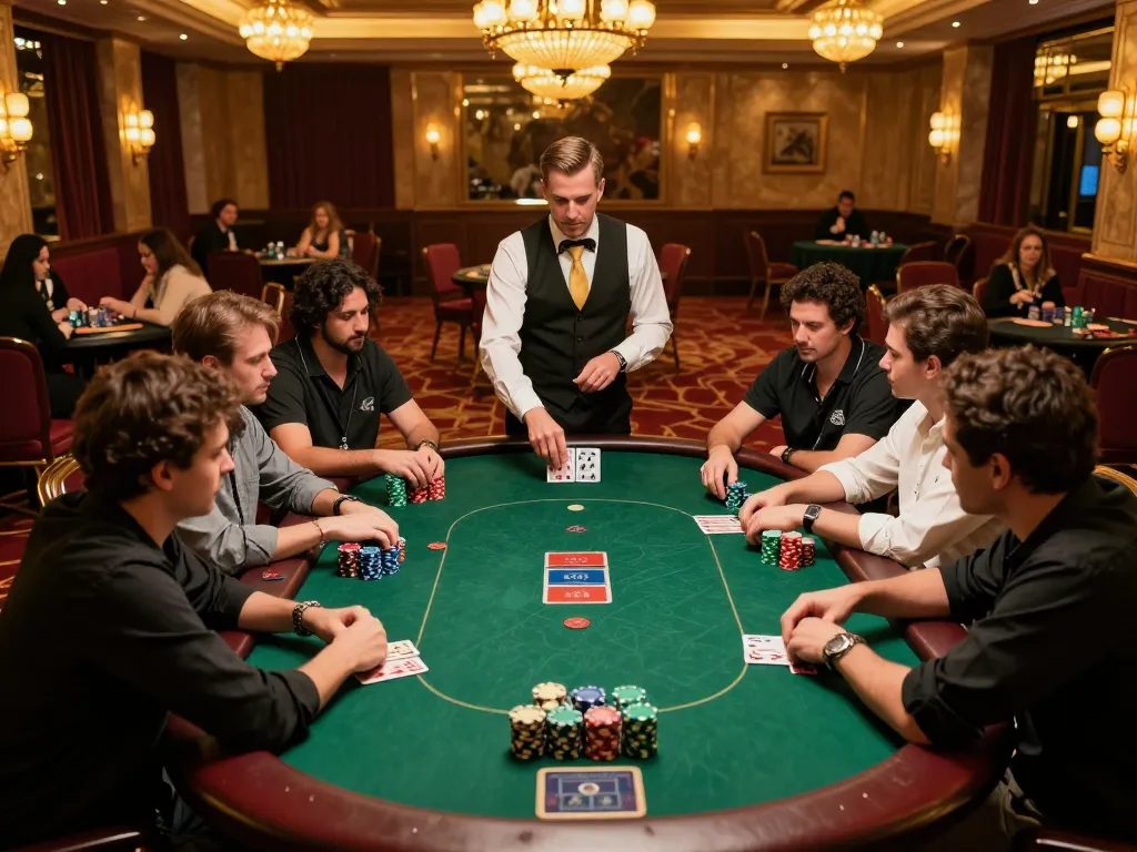 Players engaging in an intense poker match at a luxurious casino, featuring max 79 strategies and thrilling gameplay.