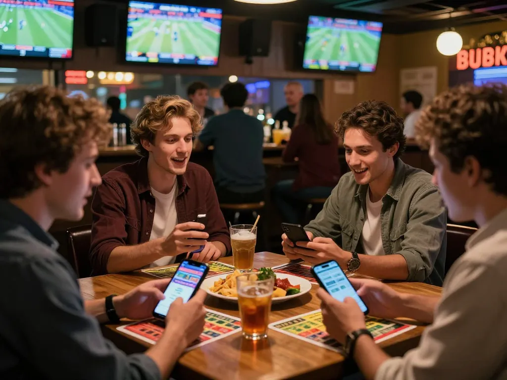 Engaging scene of sports betting in lively bar as friends enjoy tin soi kèo and discuss strategies
