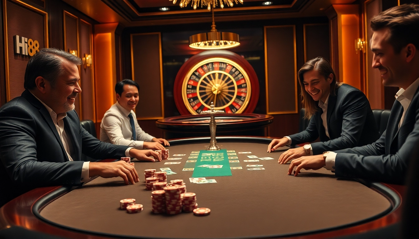 Experience high-stakes gaming with Hi88 at an elegant casino table, capturing the thrill of the game.