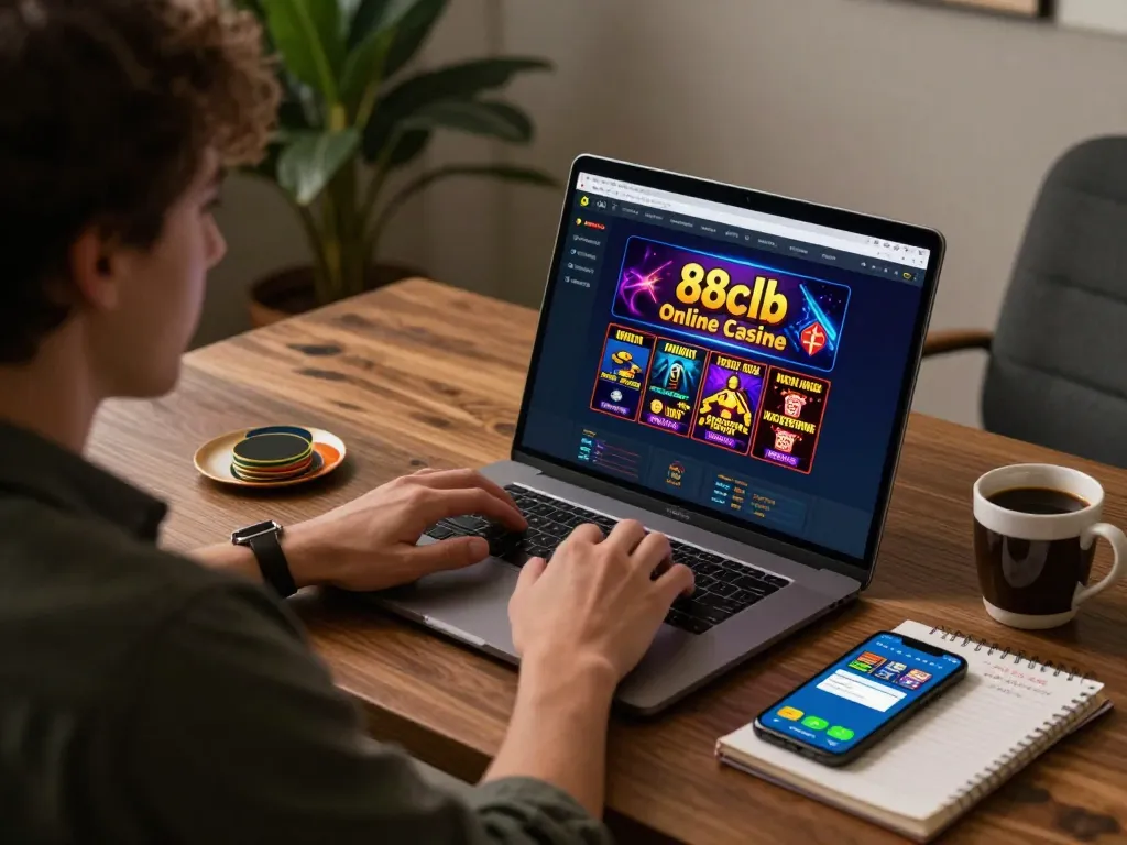 Player strategizing on the 88clb online casino platform with laptop and notebook.
