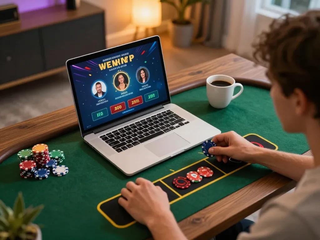 Engaging live dealer gameplay on bong88viva laptop with winning chips and coffee.