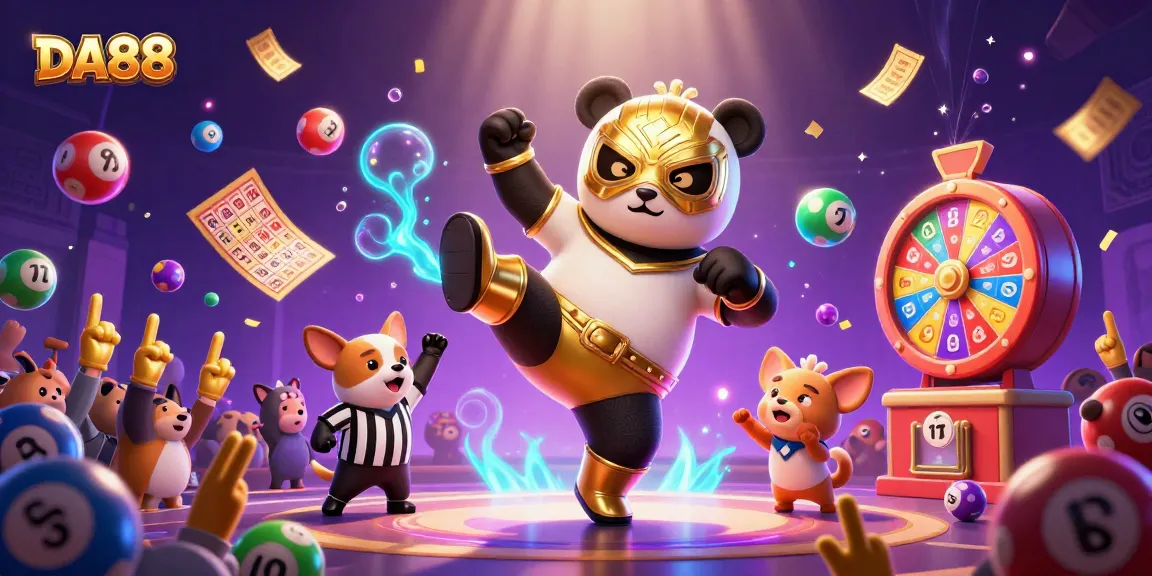 Celebrate thrilling wins at DA88 with vibrant lottery balls and lively casino characters in an exciting scene.