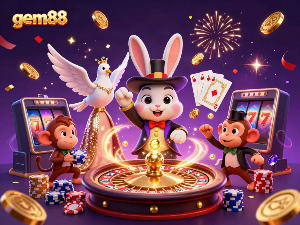 Experience the magic of gem88 as a rabbit magician conjures golden coins amid vibrant casino chaos.