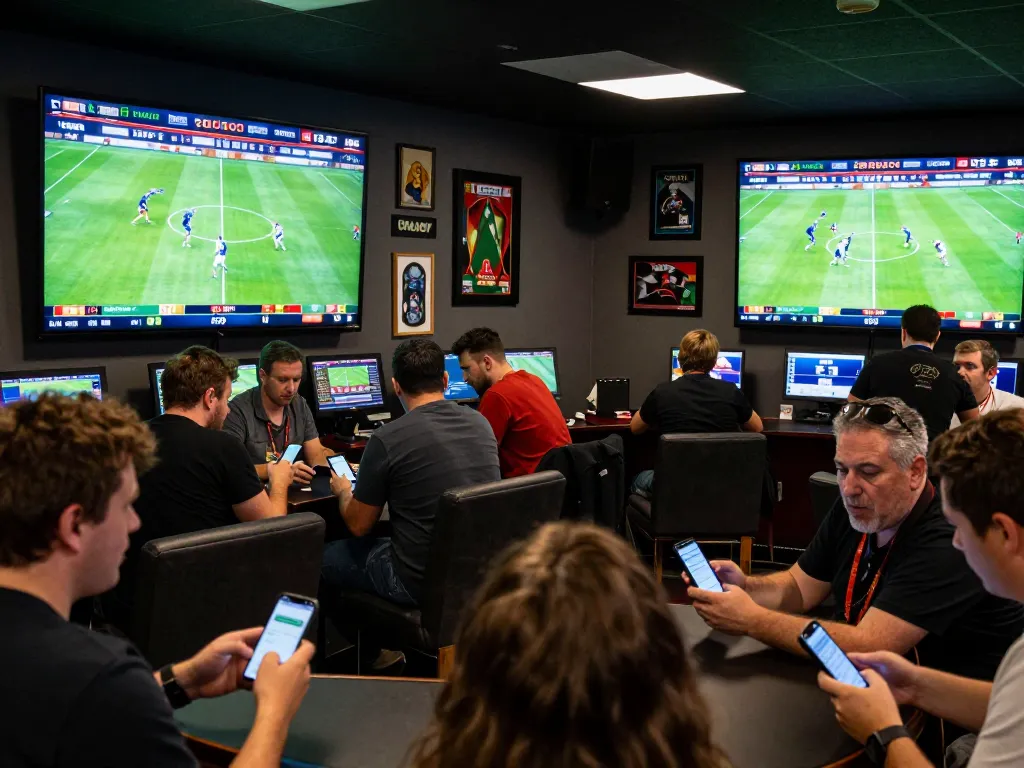 Spectators actively placing bets on soi kèo nhà cái in a vibrant sports betting environment during a live match.